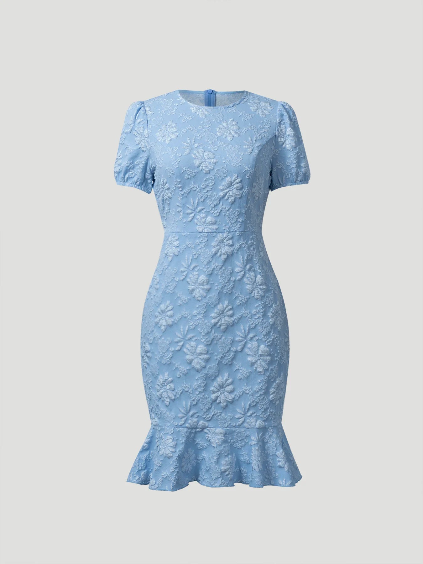Women PuffSleeve CrewNeck LightBlue FloralJacquard RuffleHem BodyconMidi Dress Elegant Vacay Summer BeachBrunch Stretchy Dress