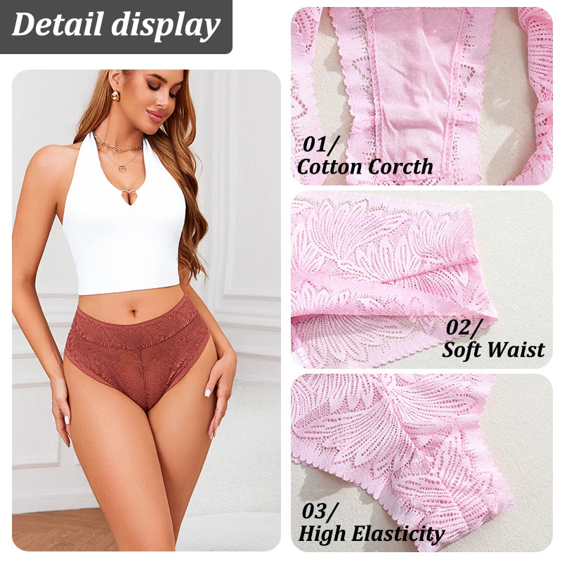 FINETOO 4PCS Floral Lace Thongs Sexy Perspective G-String Mid Waist T-back Female Breathable Intimates Brazilian Underwears