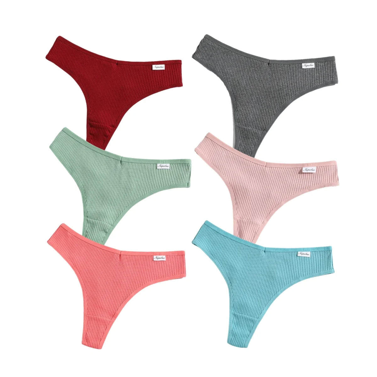 6Pcs/Set Women Cotton Thongs Female Ribbed Panties Low Rise G-String Sexy Underwear Solid Color Bikini Soft S-XL Intimates