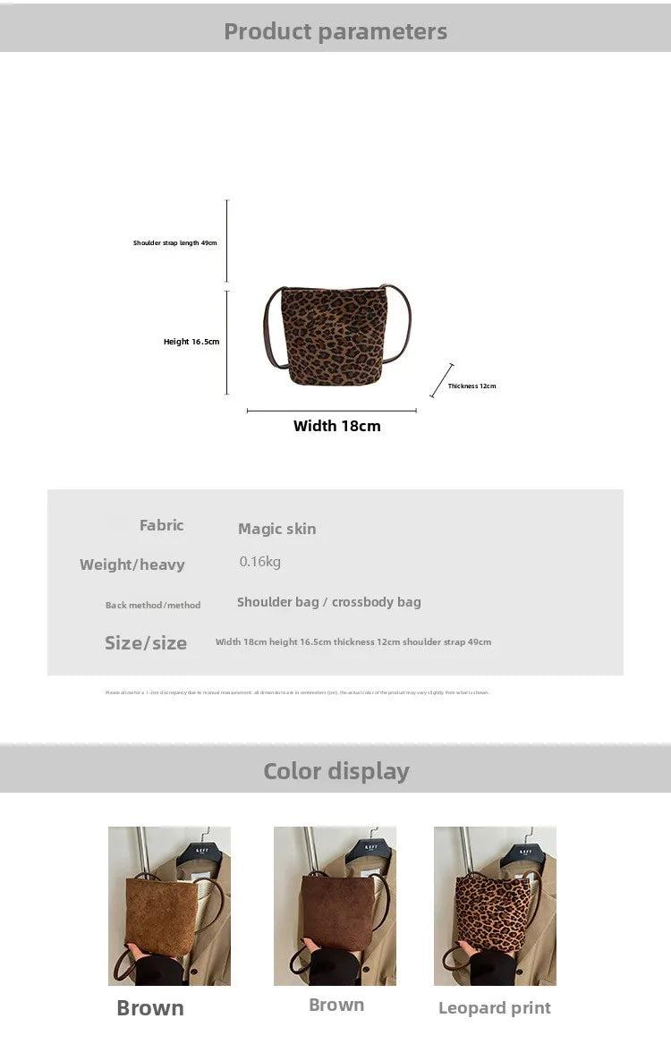 Mini Shoulder Bag Retro Leopard Print Women Crossbody Bucket Bag Fashion Ins Korean Style Faux Suede Fall New Simple Tote Bag
