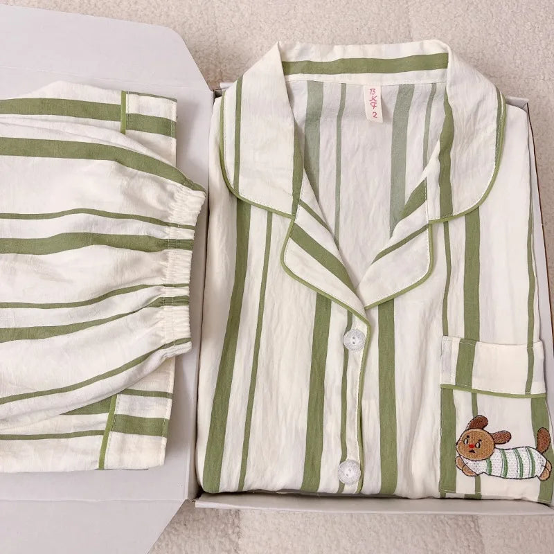Embroidery Dachshund Strip Print Women's Pajamas Set Harajuku Style Sweet Cute Sleepwear Set Short Sleeve Women's Pajamas Summer