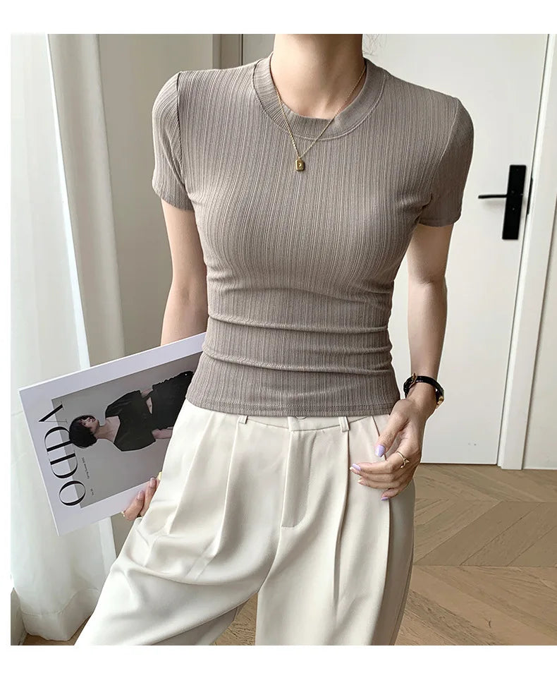 Summer New Women's Crewneck T-shirt Knitted Short-sleeved Top Casual All-match T-shirt Striped Base Shirt Slim-fit Breathable