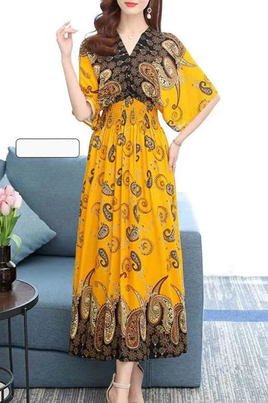 Colorful Flower V-neck Elastic Youthful Bohemian Sweet Midi Dress Woman Clothes Chic Fashion Summer Dresses 2025 Large Swing Ski