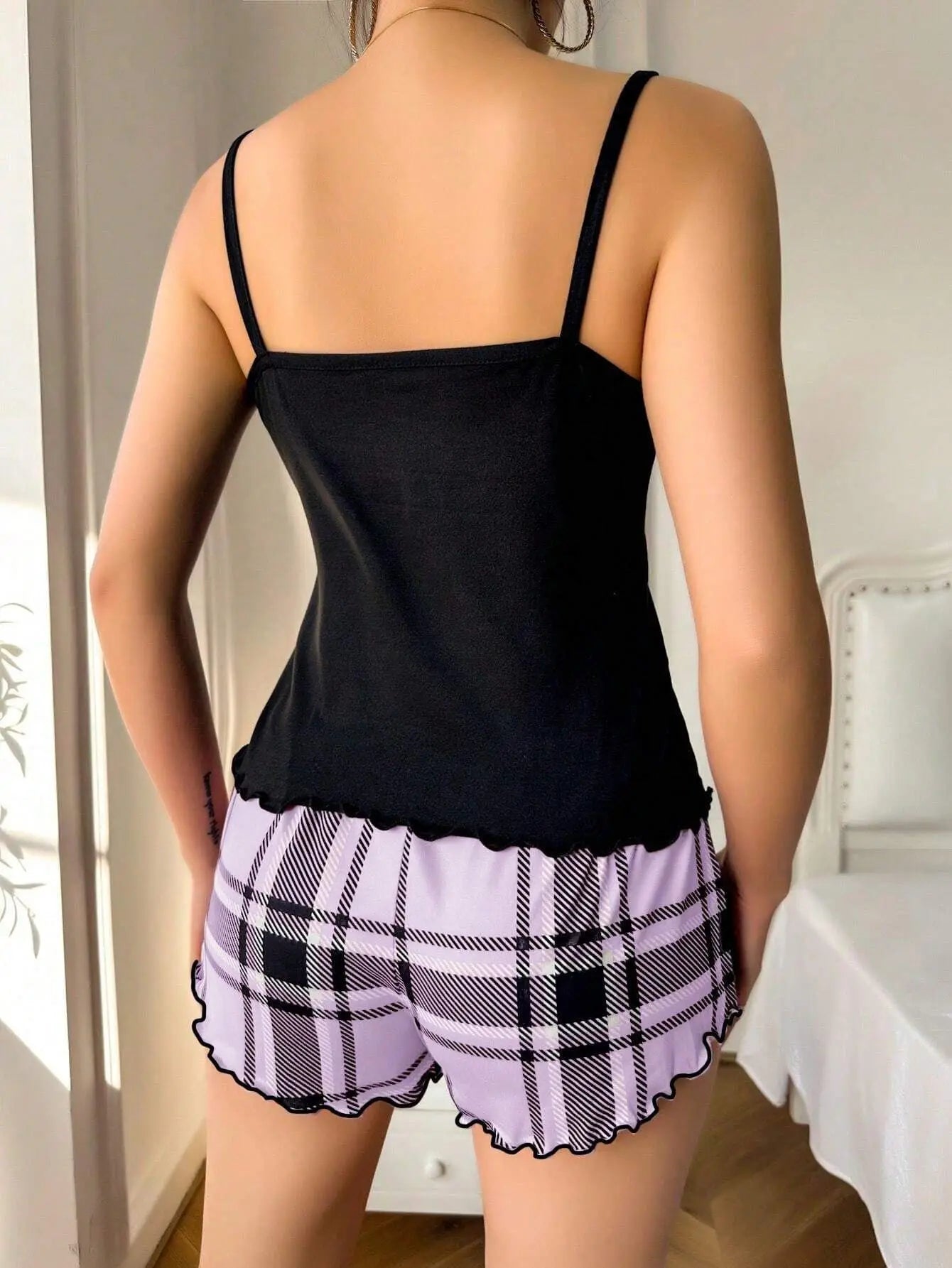 Sexy Nightwear Women's Suspenders Top Plaid Pants Fashion Sleepwear Homewear Two-Piece Set Ladies Pajamas Love Print Loungewear