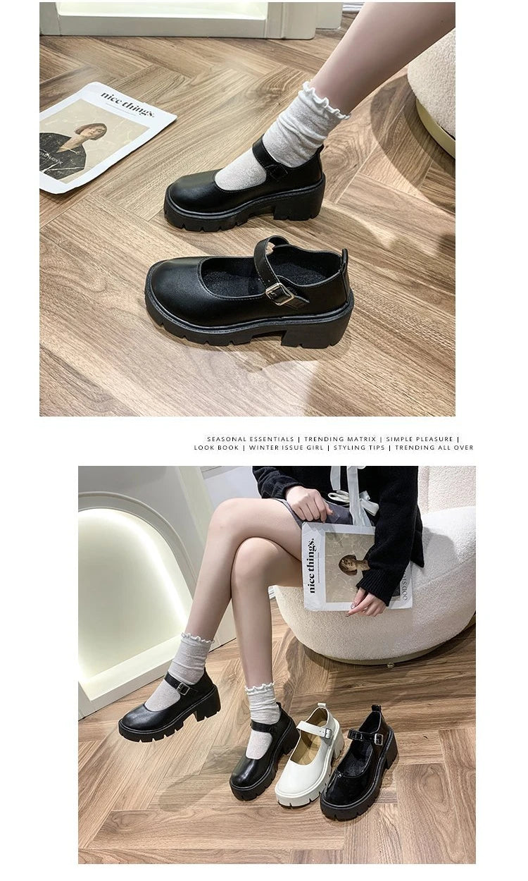 Lolita Shoes Japanese Girl Platform Black high heels fashion Round Toe Mary Jane Women Patent faux Leather Student Cosplay Shoes