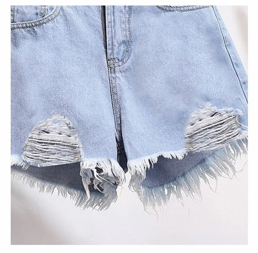 Summer Women's Cowboy Shorts Korean High Waist Casual Denim Shorts Pocket Tassel Perforated Ripped Holes Y2K Girls White Jeans