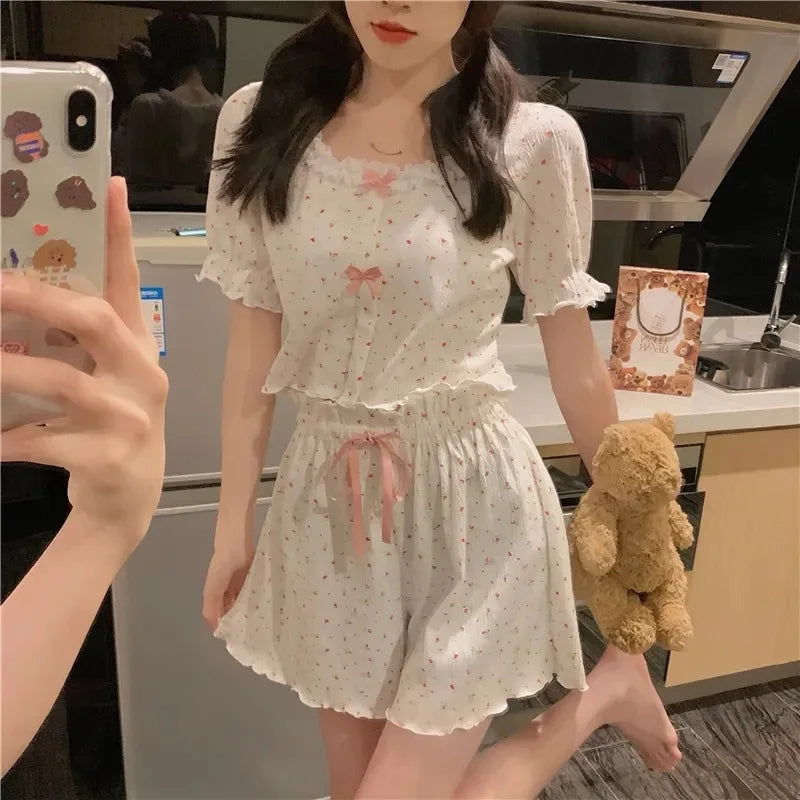Summer Gilrs Two Pieces Short Sleeve Pajamas Thin Sweet Flower Elastic Waist Homewear Set Loose Soft Adjustable O-Neck With Bow