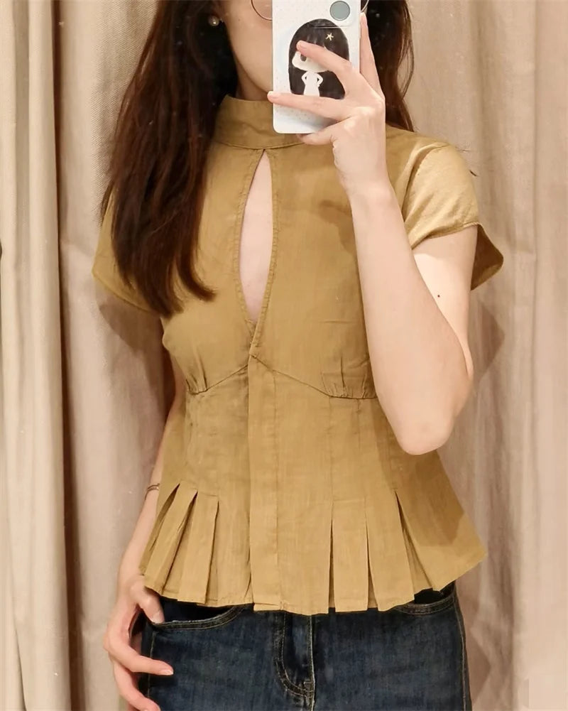 Women's Shirt 2026 Summer New Khaki Short Sleeve Bow Decorative Hollow-Out Dress Hem Shirt Casual Fashion Personality