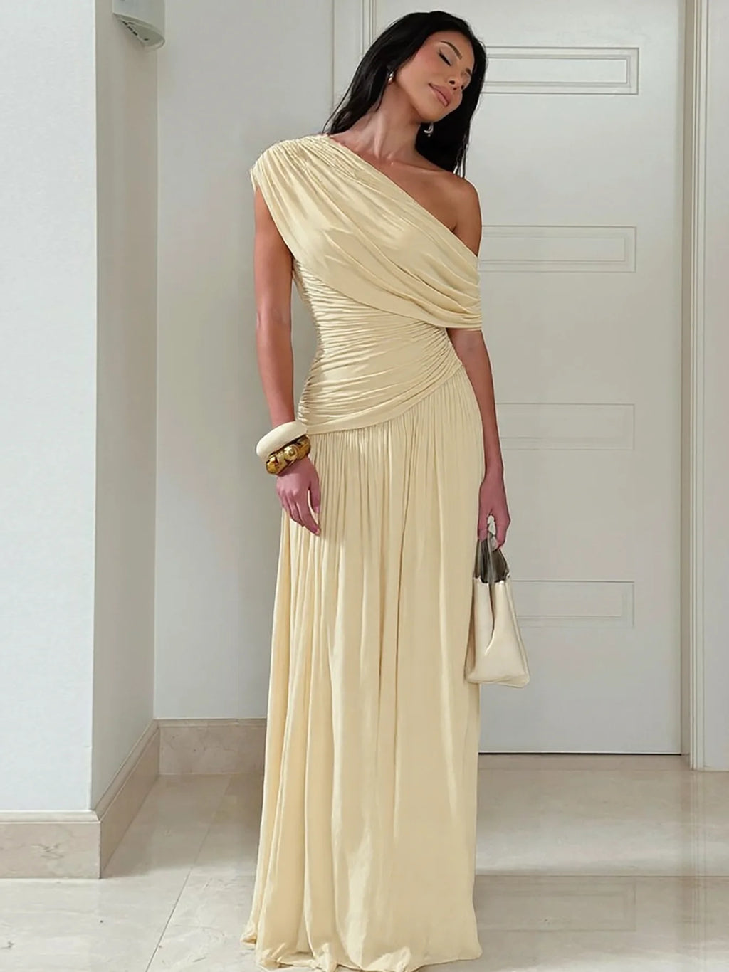 Hugcitar One Shoulder Ruched Sleeveless Solid Pleated Sexy Irregular Y2K Maxi Dress Summer Elegant Party Women Clothes Vacation