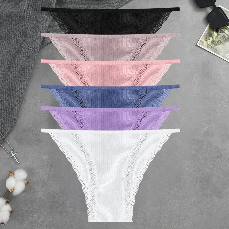 FIENTOO 6PCS Sexy Low-Waist Briefs Lace Cotton Panties for Women Female Soft Underwear Girls Elastic Intimates Sexy Lingerie