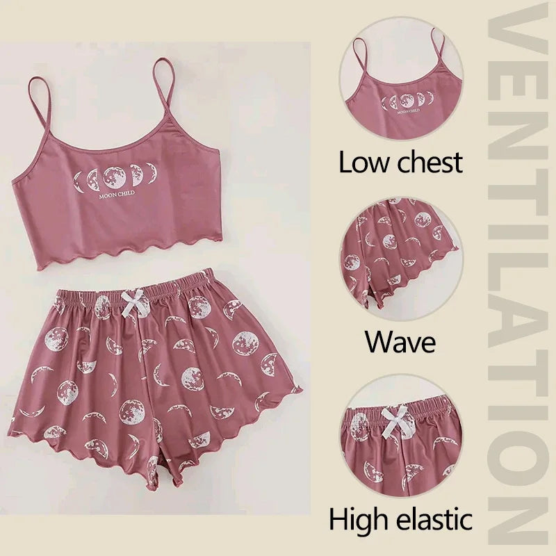 Women Pajamas Sleepwear Pajama Set Sports Camisole and Shorts Pink Black Moon and Planet Print Summer Comfortable Casual Suit