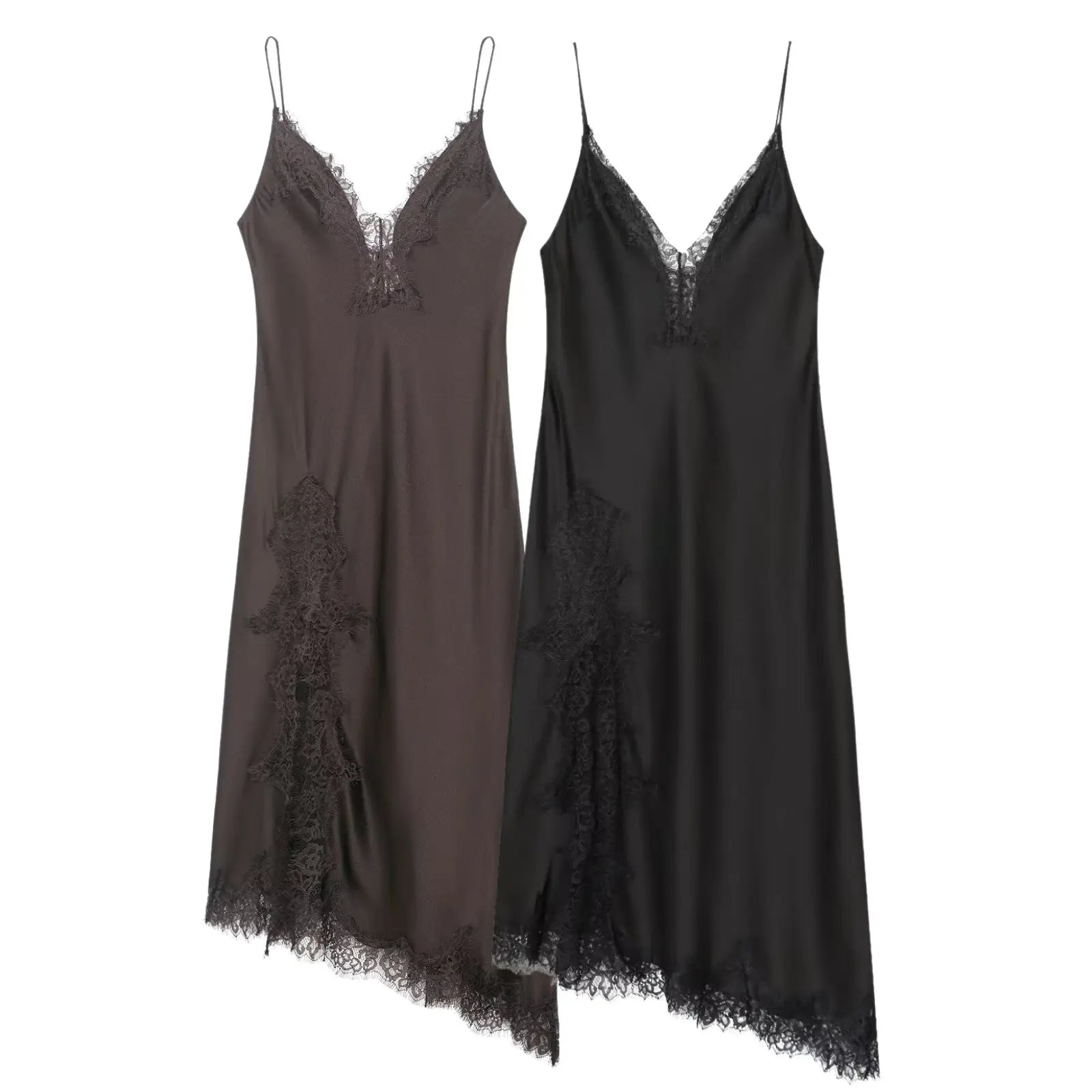 HH Fashion Soild Asymmetric Lace Satin Dress For Women's Sexy V-Neck Sleeveless Backless Slit Evening Party Slip Midi Dress