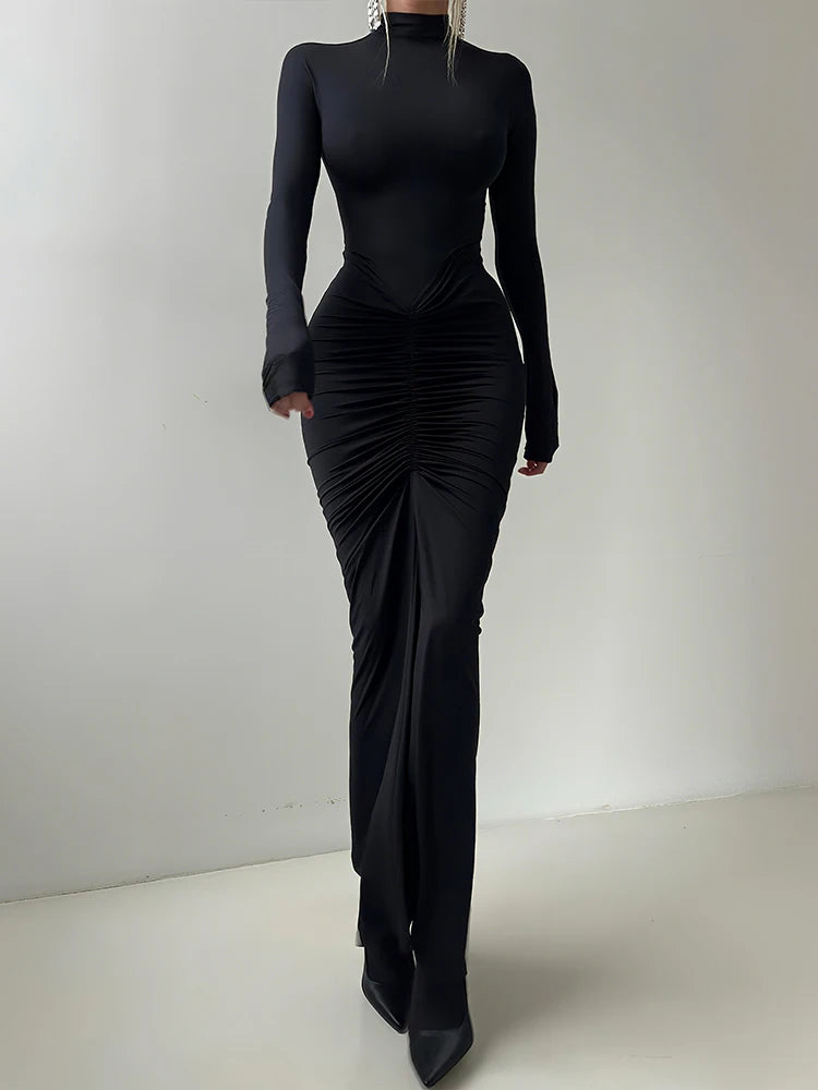 Sisterlinda Autumn New Style Long Dress Woman Turtleneck Full Sleeve Skinny High Stretch Daily Casual Fashion Elegant Vestidos
