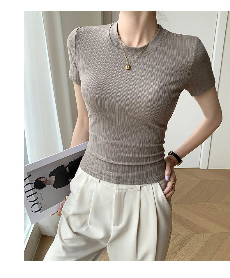Summer New Women's Crewneck T-shirt Knitted Short-sleeved Top Casual All-match T-shirt Striped Base Shirt Slim-fit Breathable