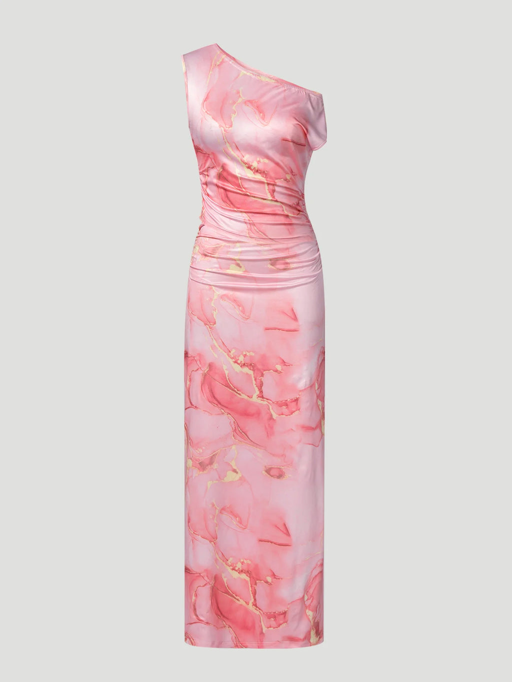 Women OneShoulder Sleeveless PinkMarble Print Ruched Crop Midi 2Piece Skirt Set Glam Vacay Summer DateNight Party Stretchy