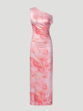 Women OneShoulder Sleeveless PinkMarble Print Ruched Crop Midi 2Piece Skirt Set Glam Vacay Summer DateNight Party Stretchy
