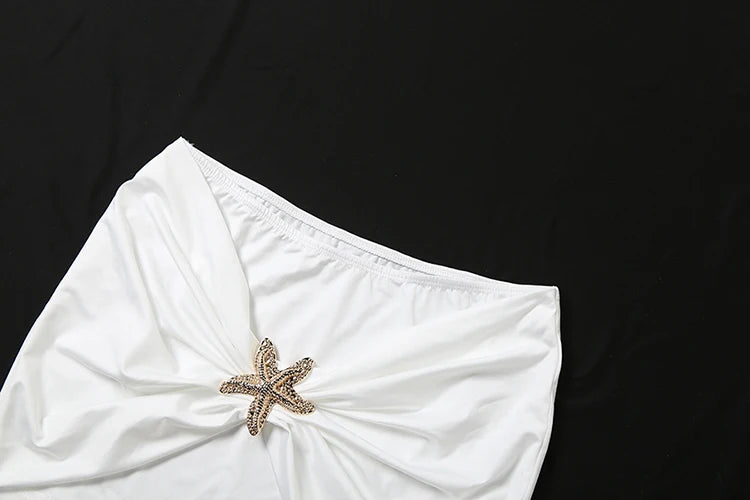 Nibber Hipster Metal Starfish Decoration 2 Piece Set Women Slash Neck Backless Crop Tops+Ruched Mini Skirt Street Elegant Suit