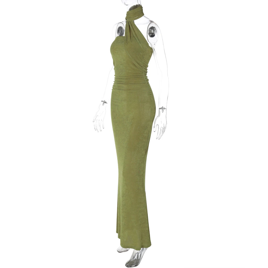 Hugcitar Halter Solid Sleeveless Backless Ruched Sexy Bodycon Maxi Prom Dress Summer Women Elegant Outfit Evening Party Birthday
