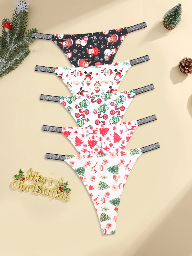 5PCS/Lot Seamless Ice Silk Thongs Women's Christmas Theme Underwear Sexy Rhinestone Waist Panties Santa Claus Printed Lingerie