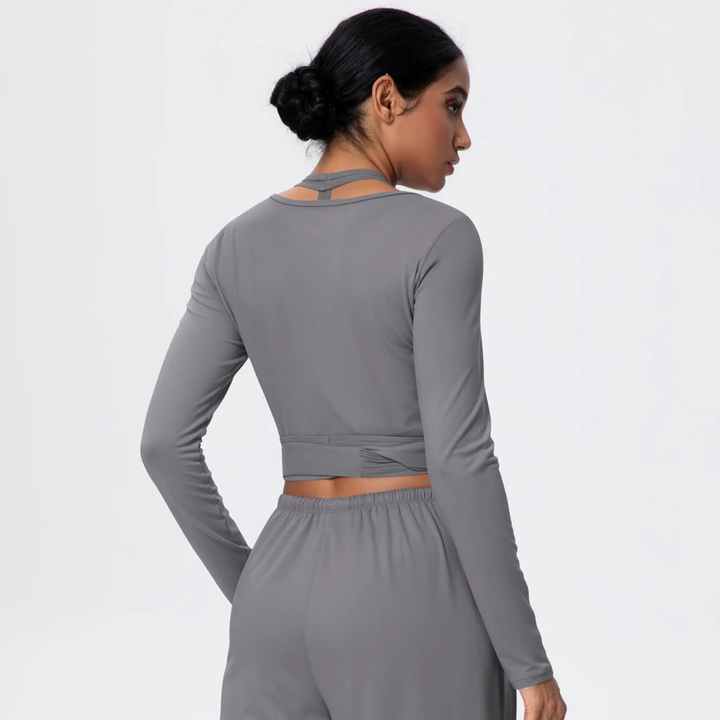 Women Slim Breathable Sports Top Women Active Wear Sports Yoga Long Sleeved Solid Color Running Shirts Straps Design Yoga Top