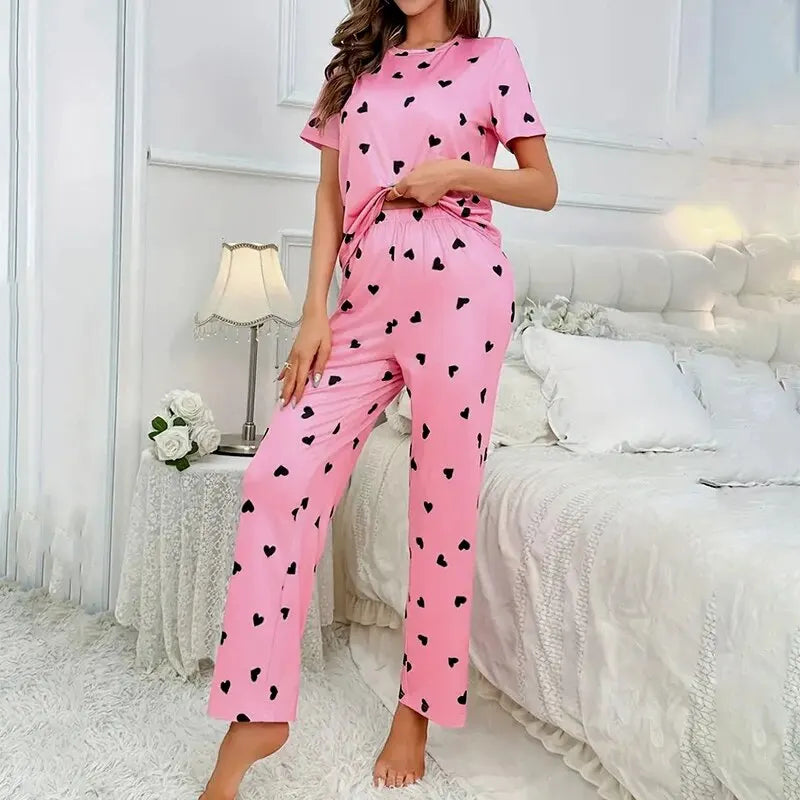 Women Summer Sleepwear Heart Print Pajama Set Short Sleeve Top and Elastic Waistband Pants for Comfortable Sleep and Lounging
