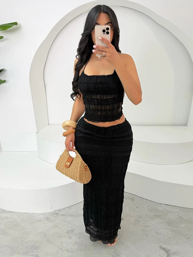 Weird Puss Mesh Backless 2 Piece Set Women Halter Lace-Up See Through Crop Tops+Loose Elegant Long Skirts Vacation Trend Outfits