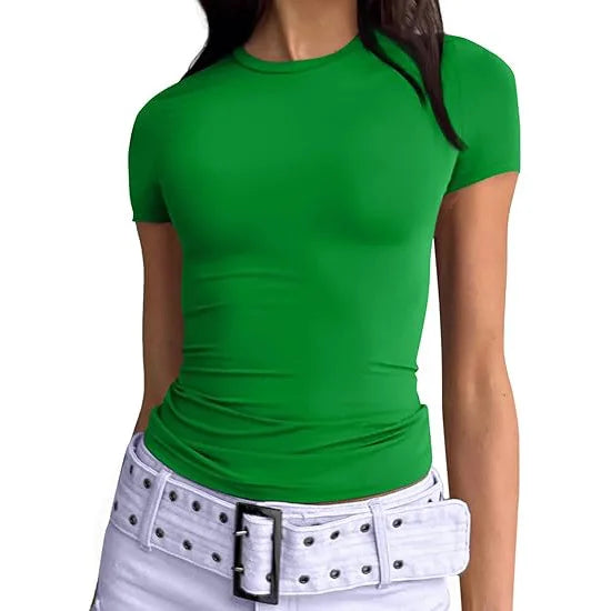 1pcs Women's Sport T-shirt Girl Solid Basic Fitness Running Yoga Tees Lady Short Sleeve Slim Sexy Round Neck Casual Shirts Tops