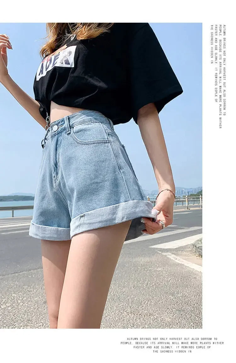 2026 Summer Women Denim Shorts High Waist Blue Cotton Wide-leg Short Pants Girl's Student Mini Korean Fashion Womens Jean Shorts