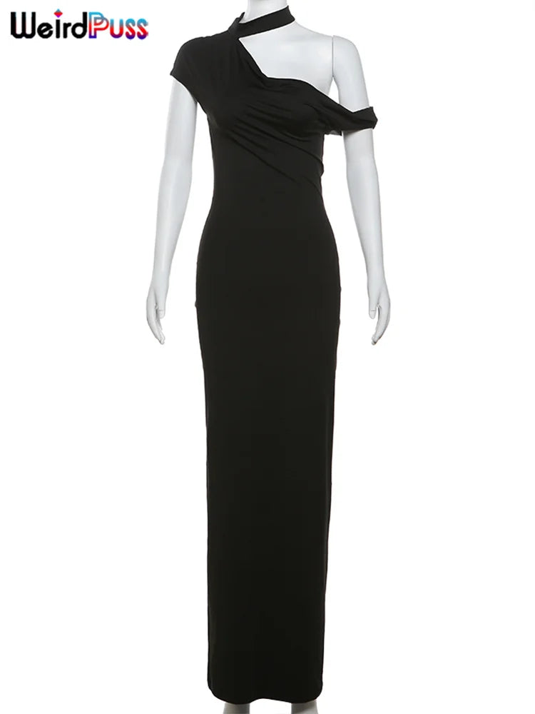 Weird Puss Incline Shoulder Dress Woman Summer Sexy Solid Irregular Collar Elegant Sleeveless Chic Party Skinny Evening Vestidos