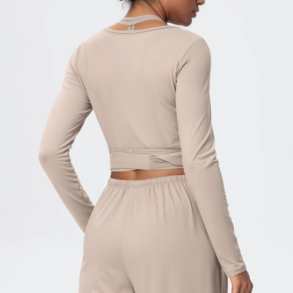 Women Slim Breathable Sports Top Women Active Wear Sports Yoga Long Sleeved Solid Color Running Shirts Straps Design Yoga Top