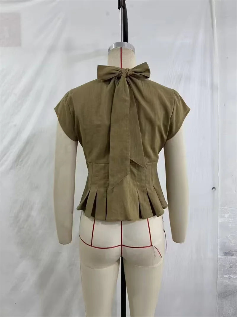 Women's Shirt 2026 Summer New Khaki Short Sleeve Bow Decorative Hollow-Out Dress Hem Shirt Casual Fashion Personality