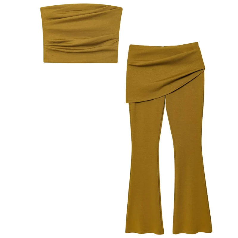 HXAO Olive Green Slim Pant Sets Women's Two Pieces Set Crop Off Shoulder Ruffled Tube Top Outfits Mid Waist Flares Trousers Sets