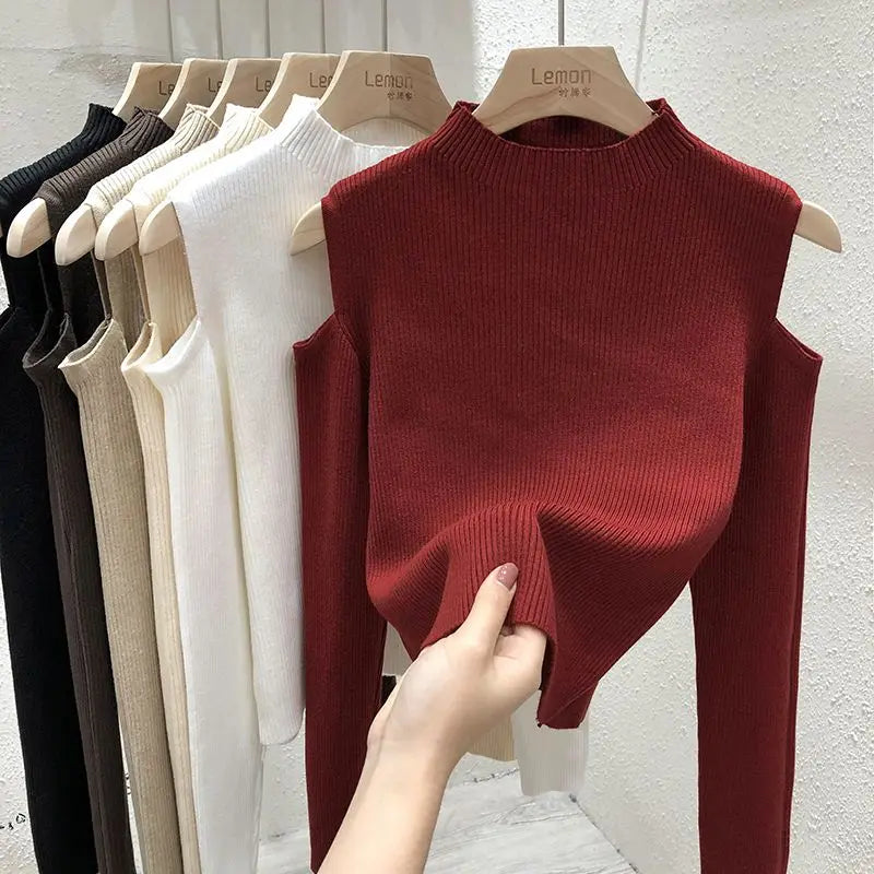 Knitted Sweater Women Pullovers New Long Sleeve Stand Collar Off-shoulder Knit Sweater Pullover Women Tops Sueters De Mujer Q781