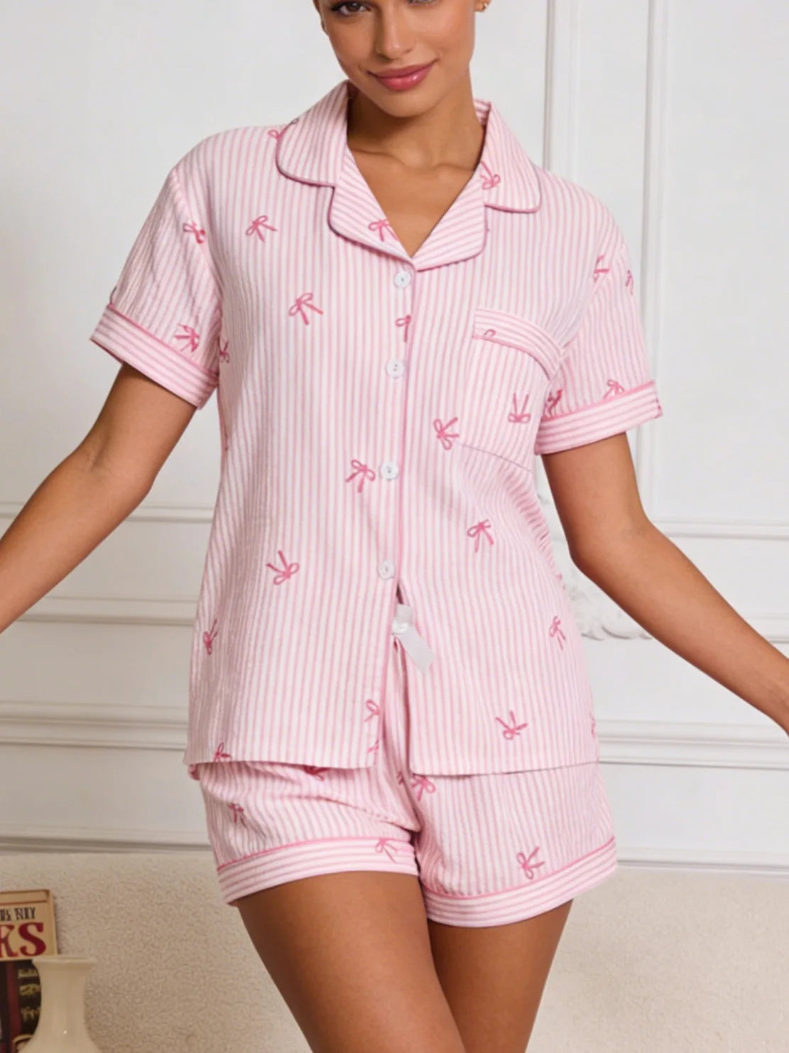 Women Pajamas Cardigan Lapel Short Sleeve Shorts Two Piece Set Loungewear Spring Summer Sweet Pink Base Pink Bow Stripe Loose Co