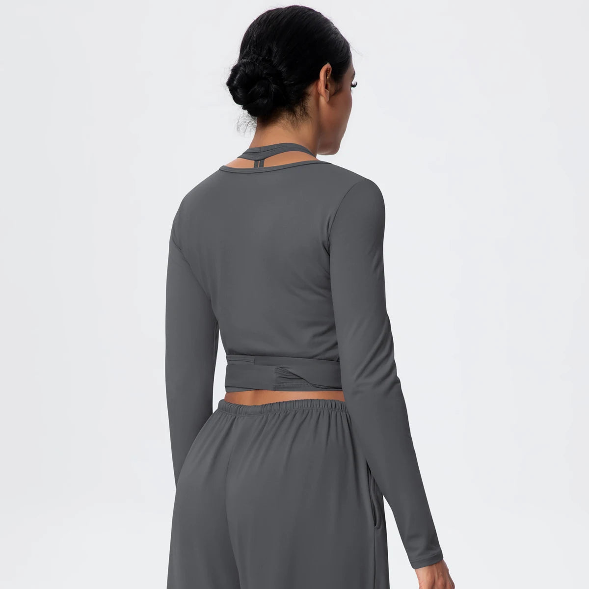 Women Slim Breathable Sports Top Women Active Wear Sports Yoga Long Sleeved Solid Color Running Shirts Straps Design Yoga Top