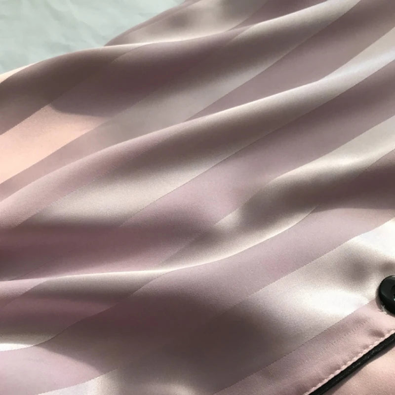 1 Set Women's Elegant Lounge Set Plus Size Satin Striped Button Up Short  Sleeve Shirt & Pants Pajamas