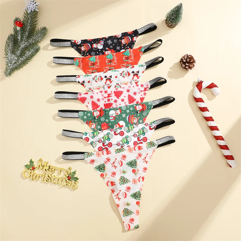 5PCS/Lot Seamless Ice Silk Thongs Women's Christmas Theme Underwear Sexy Rhinestone Waist Panties Santa Claus Printed Lingerie