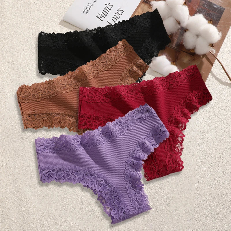 4PCS/Set Cotton Floral Lace Underpants for Women Sexy Striped Low-Waist Panties Girls Comfortable Briefs Trendy T-back Lingerie