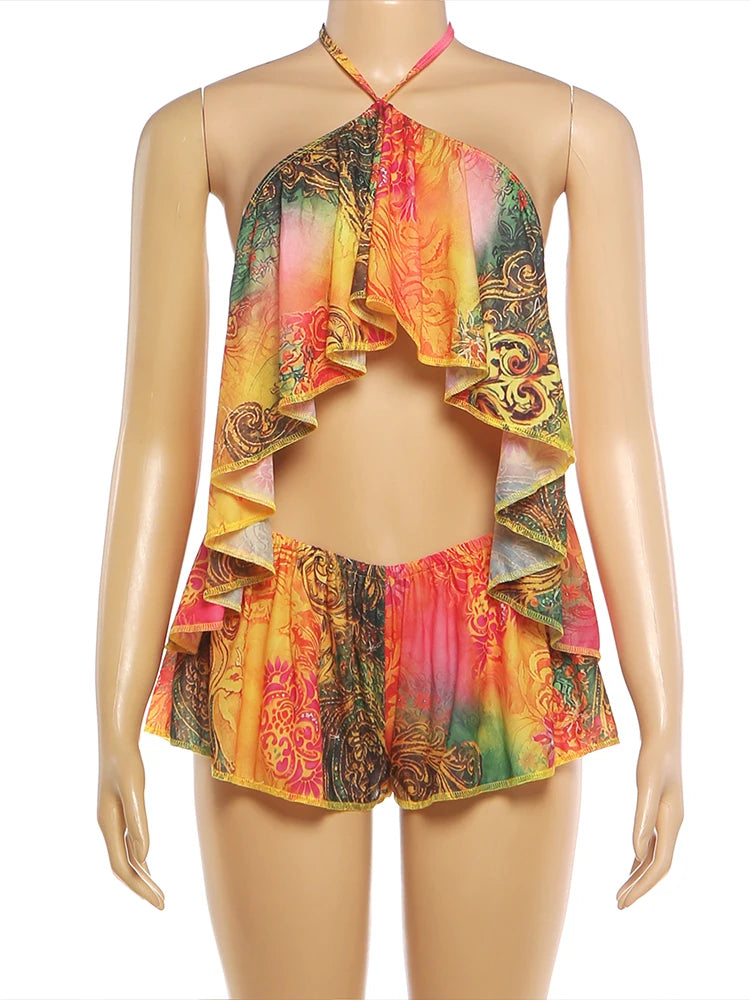 Kliou Colorful Print 2 Piece Set Woman Summer Trend Halter Backless Ruffles Camisole Tops+Elastic Waist Shorts Beach Style Suits
