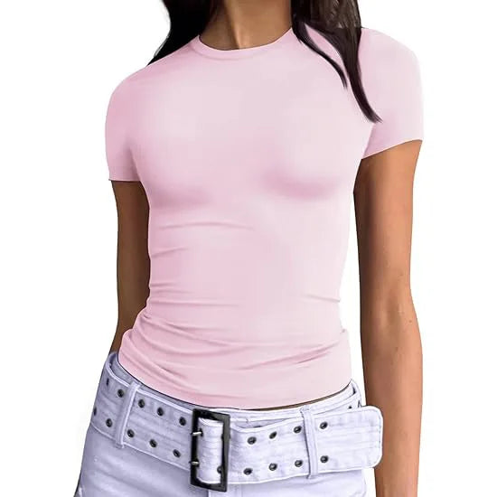 1pcs Women's Sport T-shirt Girl Solid Basic Fitness Running Yoga Tees Lady Short Sleeve Slim Sexy Round Neck Casual Shirts Tops