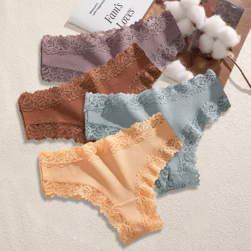 4PCS/Set Cotton Floral Lace Underpants for Women Sexy Striped Low-Waist Panties Girls Comfortable Briefs Trendy T-back Lingerie