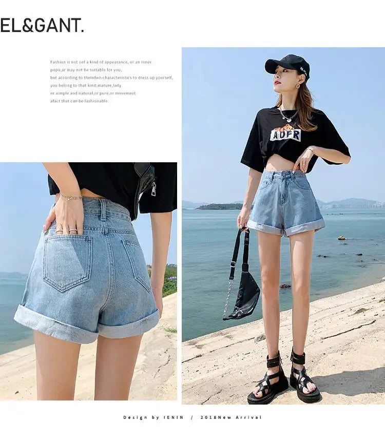 2026 Summer Women Denim Shorts High Waist Blue Cotton Wide-leg Short Pants Girl's Student Mini Korean Fashion Womens Jean Shorts