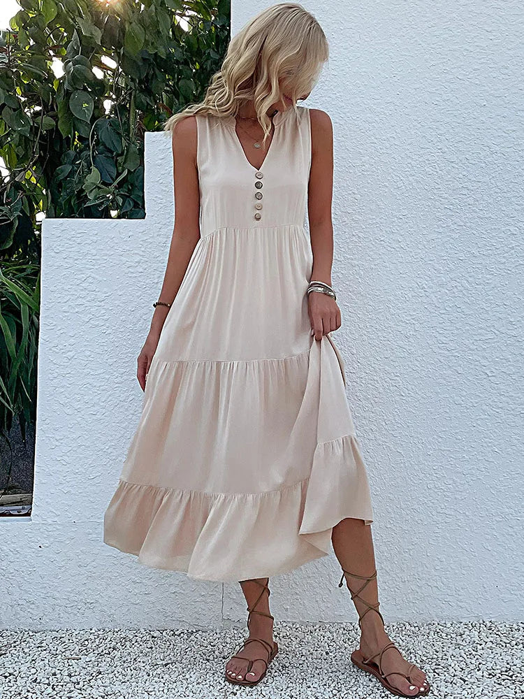 Casual Summer Midi Dress Women Sleeveless Tank V Neck Buttons Ruffle Loose Dresses Beach Soild Sundress Fashion