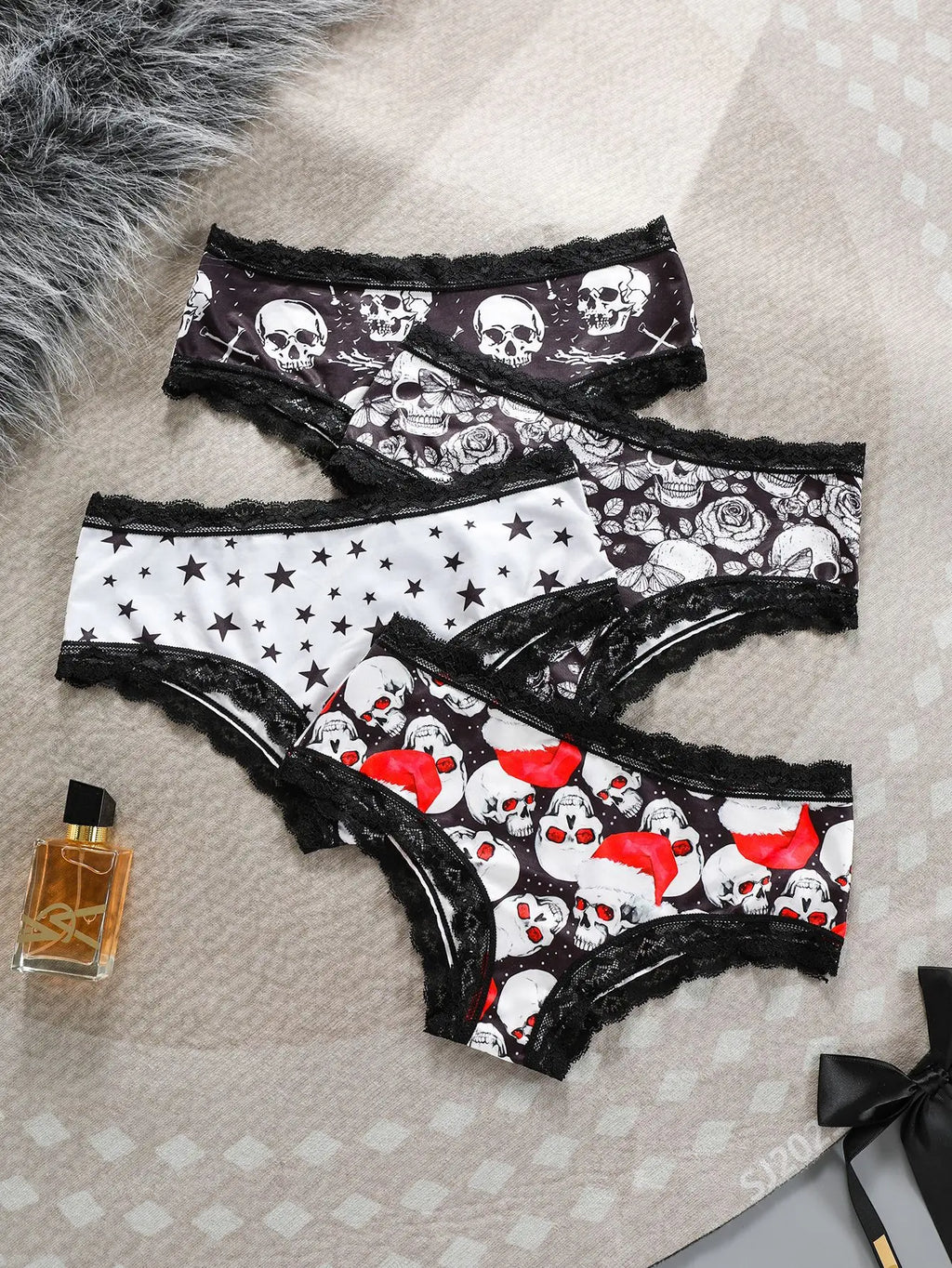 Halloween Skull star printed women's panties, lace patchwork mid-waist, ice silk, seamless and breathable