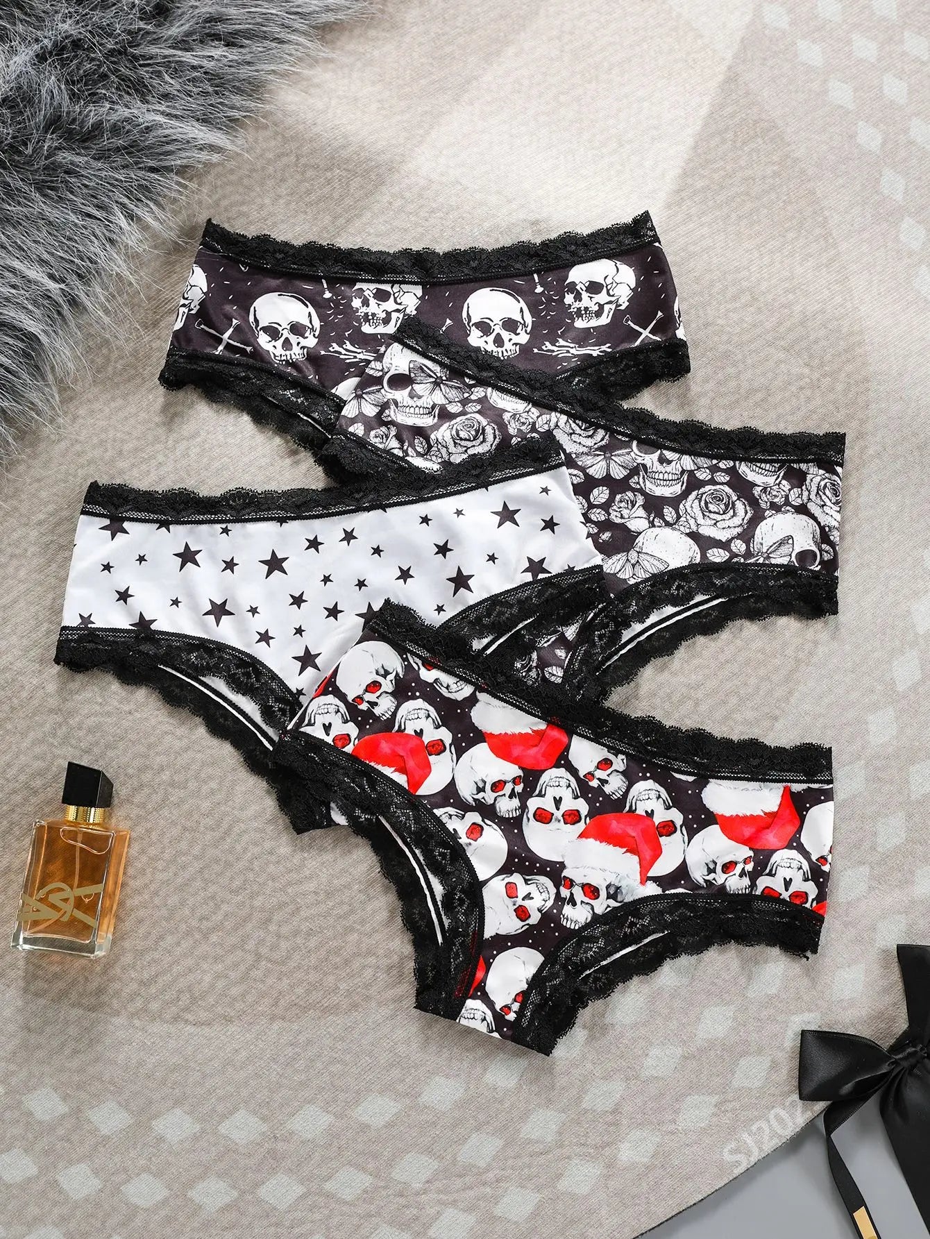 Halloween Skull star printed women's panties, lace patchwork mid-waist, ice silk, seamless and breathable