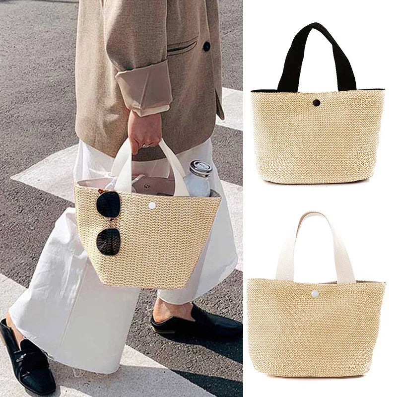 Trendy Straw Handbag Women's Woven Beach Bag Casual Snap Button Satchel Bag Small Braided Shoulder Bag For Travel Beach Trip