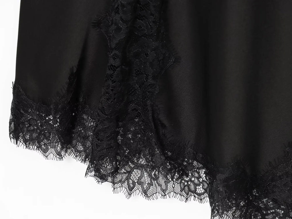 HH Fashion Soild Asymmetric Lace Satin Dress For Women's Sexy V-Neck Sleeveless Backless Slit Evening Party Slip Midi Dress