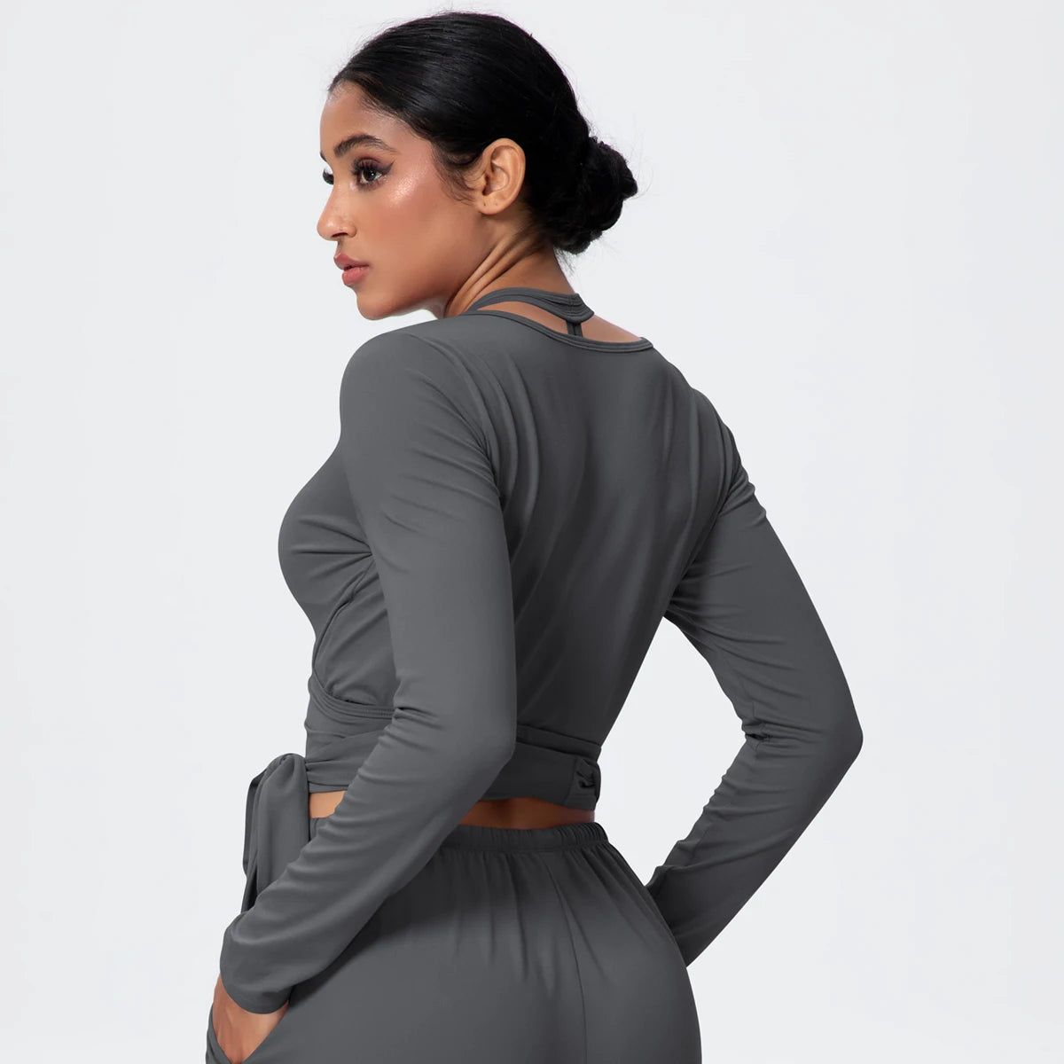 Women Slim Breathable Sports Top Women Active Wear Sports Yoga Long Sleeved Solid Color Running Shirts Straps Design Yoga Top