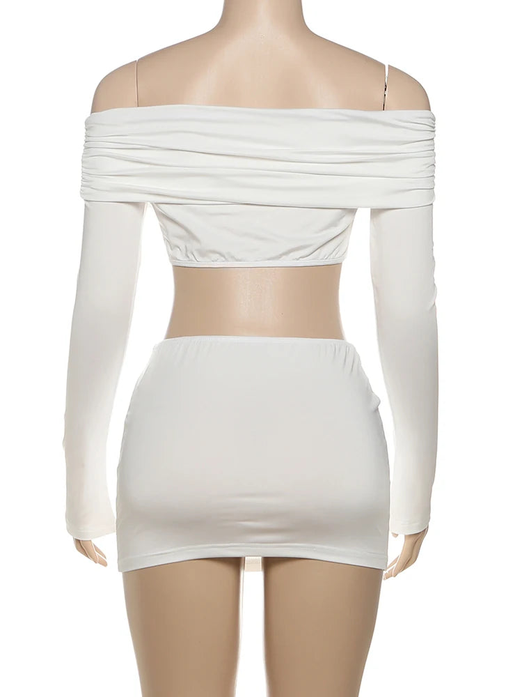 Nibber Hipster Metal Starfish Decoration 2 Piece Set Women Slash Neck Backless Crop Tops+Ruched Mini Skirt Street Elegant Suit