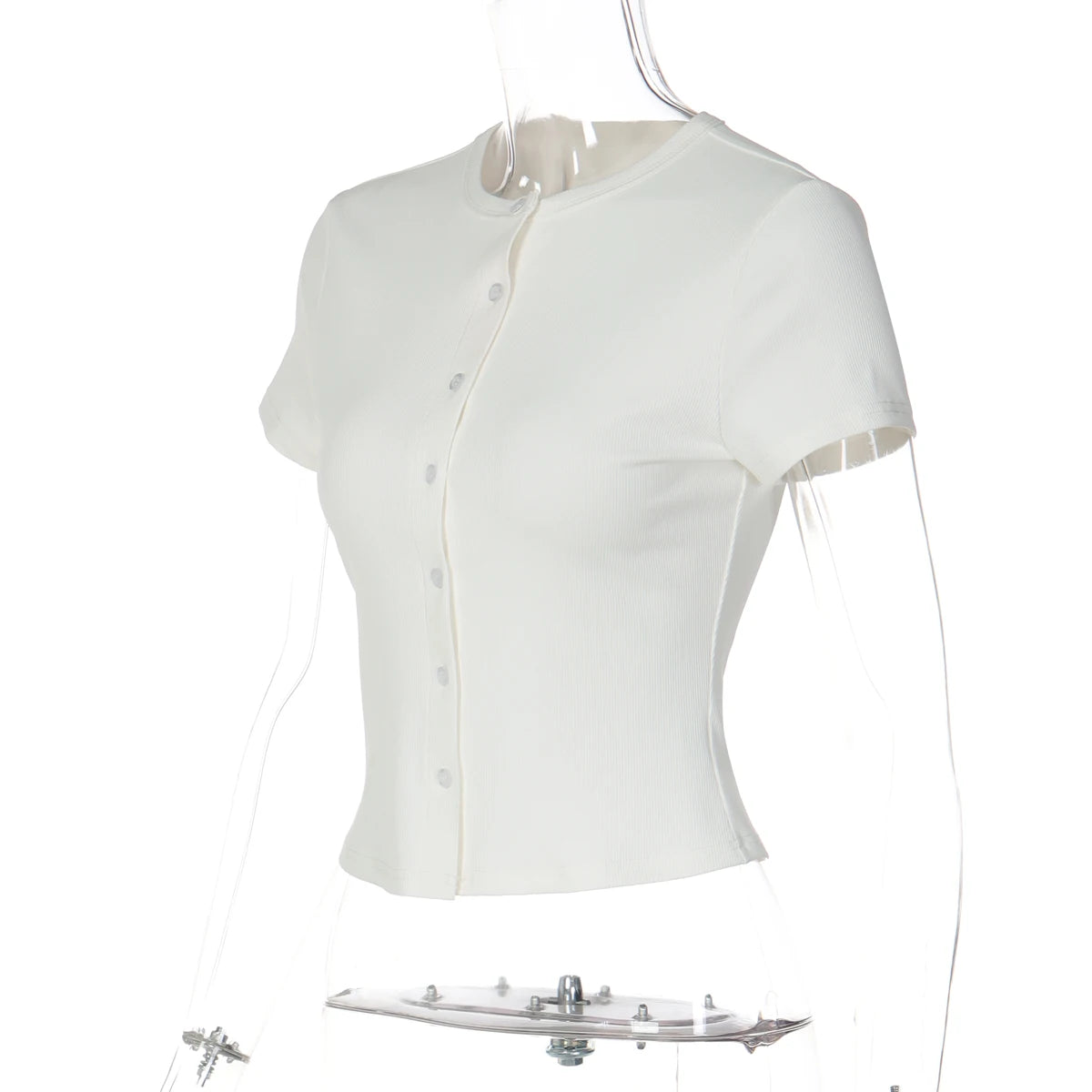Hugcitar Fashion Solid O Neck Short Sleeve Buttons Sexy Slim Crop T-Shirt Top Summer Casual Women Clothes Streetwear Party